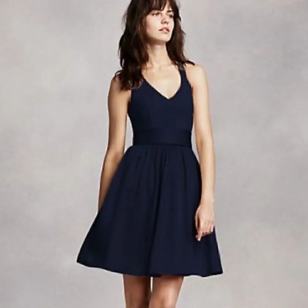 White By Vera Wang V Neck Halter Gown with Sash VW360261 midnight blue size 6